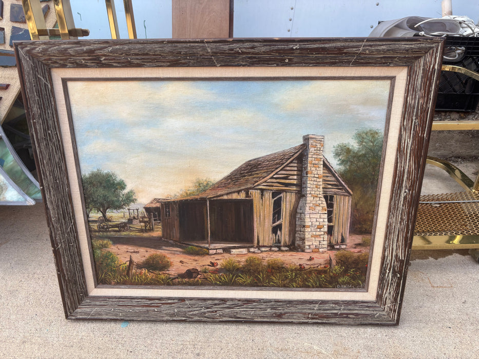 RESTORED OIL PAINTING OF DILAPITATED BARN WITH WELL - SIGNED D. WALLACE