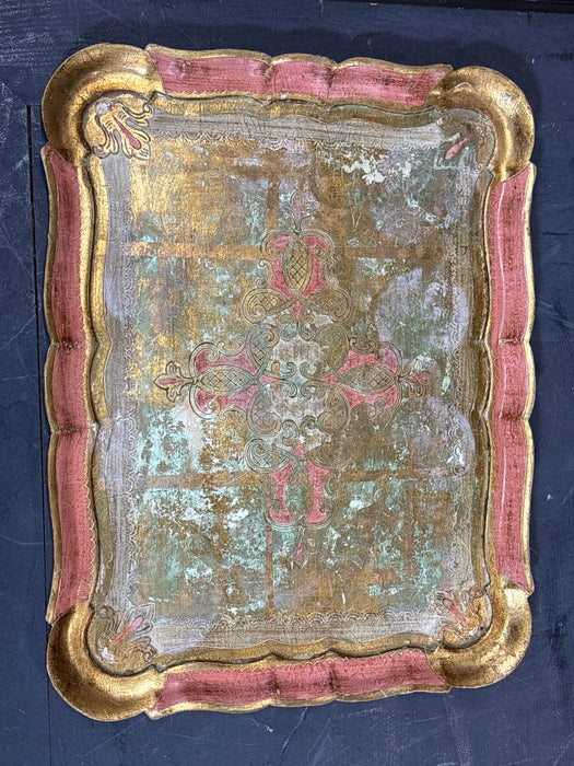 LARGE ITALIAN GOLD AND PINK FLORENTINE TRAY
