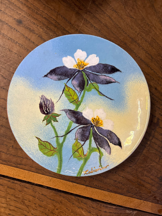 SMALL ENAMELED BLUE AND WHITE LILY PLATE - SIGNED ROBINSON