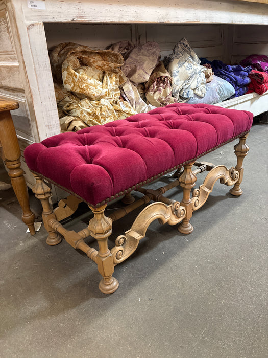 RAW SPANISH BENCH WITH TUFTED RED UPHOLSTERY