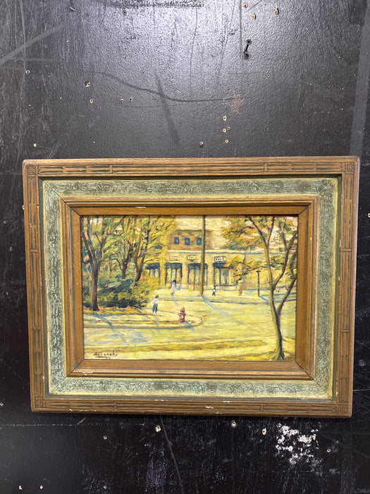 SMALL BROWN AND GREEN FRAMED IMPRESSIONIST STREET SCENE - SIGNED BALANCHY