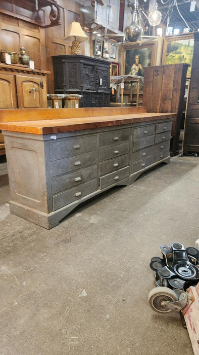 HUGE INDUSTRIAL GRAY PAINTED WORK COUNTER WITH LARGE DRAWER