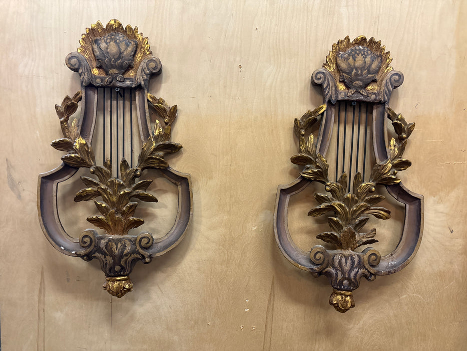 PAIR OF ITALIAN CARVED HAND PAINTED AND GILT WOOD LYRE FORM WALL HANGINGS