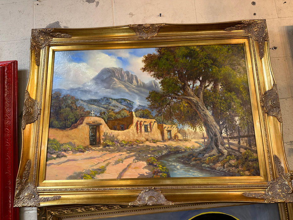 MISSION SCENE OIL PAINTING ON BOARD BY BY WALT GONSKE
