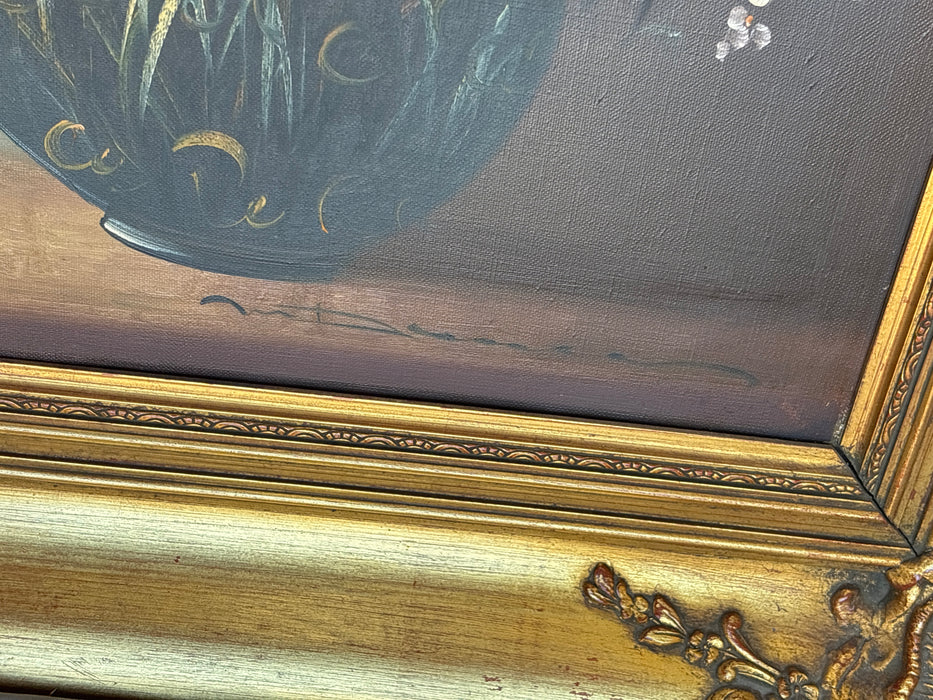 LARGE ORNATE GILT FRAMED PURPLE FLORAL STILL LIFE OIL PAINTING - SIGNED