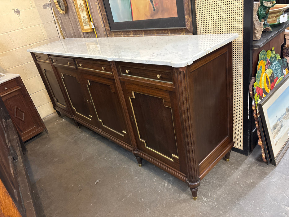 LOUIS XVI 4 DOOR MAHOGANY WHITE MARBLE TOP SIDEBOARD