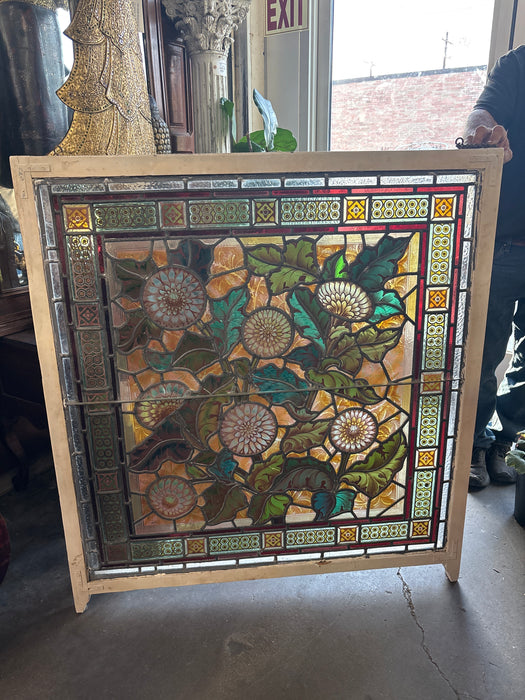 LARGE WHITE FRAMED ANTIQUE HAND PAINTED FLORAL STAINED GLASS WINDOW