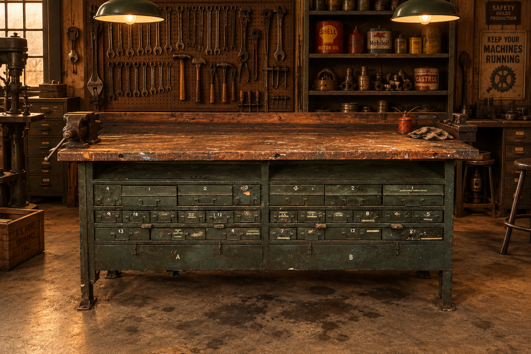 WOOD TOP WORKBENCH WITH METAL BASE AND MULTIPLE DRAWERS