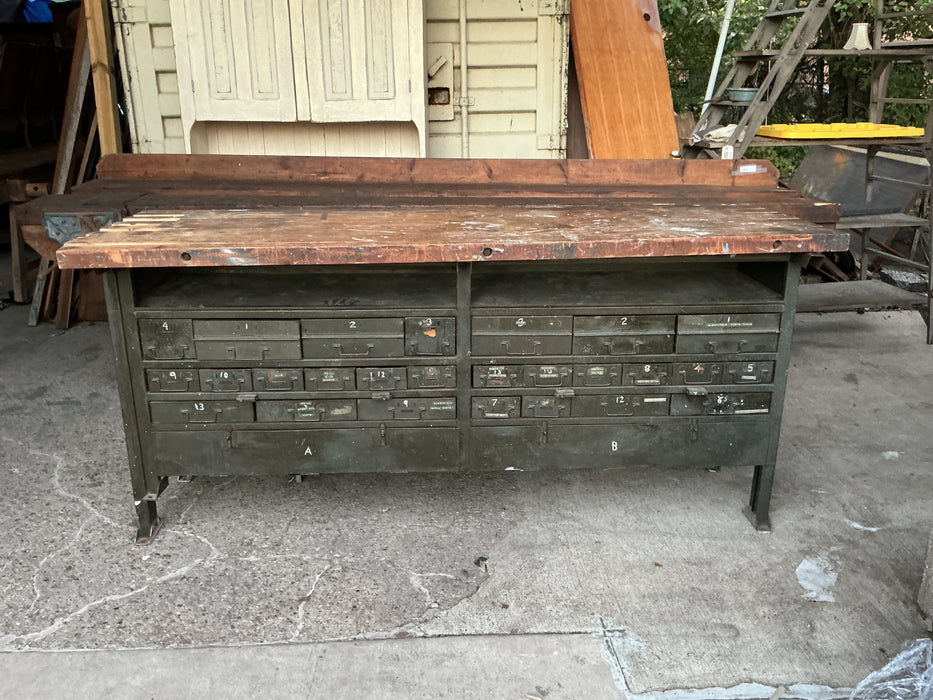 WOOD TOP WORKBENCH WITH METAL BASE AND MULTIPLE DRAWERS