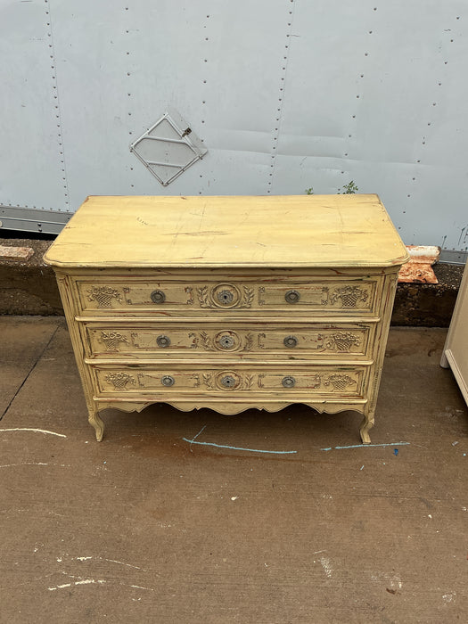 LOUIS XV PAINTED OAK 3 DRAWER CHEST - MAKERS MARK JOHN WIDDICOMB