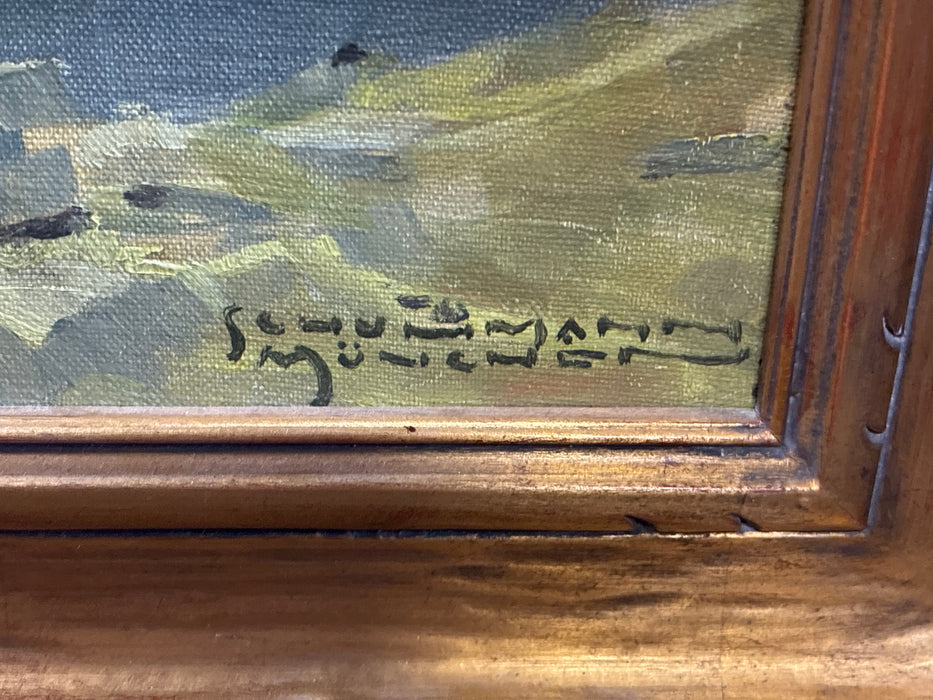 GILT FRAMED MOUNTAIN SCENE OIL PAINTING WITH LAKE - SIGNED