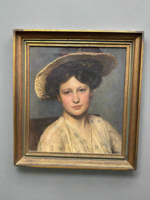 FRAMED  PORTRAIT OIL PAINTING OF YOUNG WOMAN IN HAT BY  ALFRED SCHWARTZSCHIELD