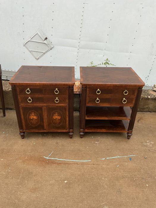 PAIR OF FLAME MAHOGANY STANDS WITH DRAWERS- ONE WITH SHELVES AND ONE WITH CABINET