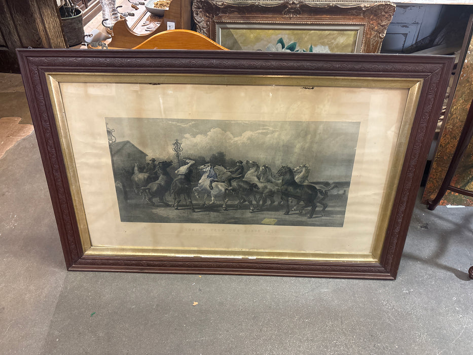 LARGE FRAMED WESTERN ENGRAVING "COMING FROM THE HORSE FAIR" - SIGNED ROSA BONHEUR 1873