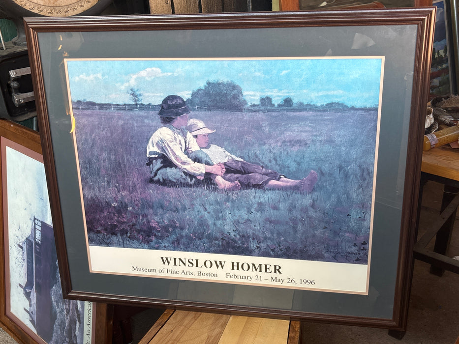 BROWN FRAMED PRINT OF BOYS IN A FIELD BY WINSLOW HOMER