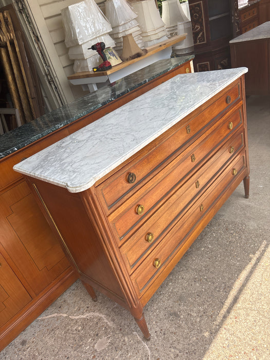 LARGE LOUIS XVI MAHOGANY WHITE MARBLE TOP CHEST