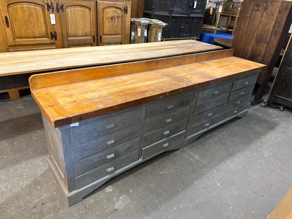 HUGE INDUSTRIAL GRAY PAINTED WORK COUNTER WITH LARGE DRAWER