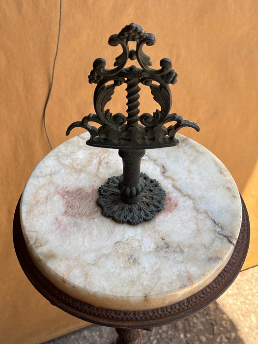 SMALL IRON PEDESTAL SMOKERS STAND WITH MARBLE - AS FOUND