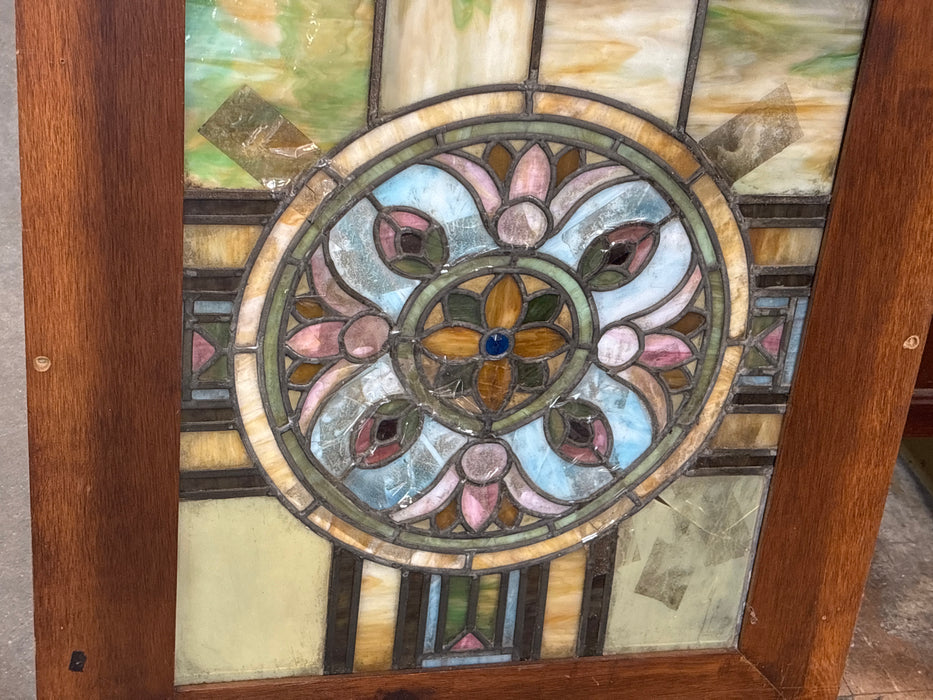 MEDIUM WOOD FRAMED STAINED GLASS WINDOW - AS FOUND