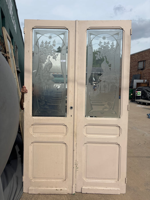 PAIR OF PAINTED AND ETCHED PEACOCK DOORS
