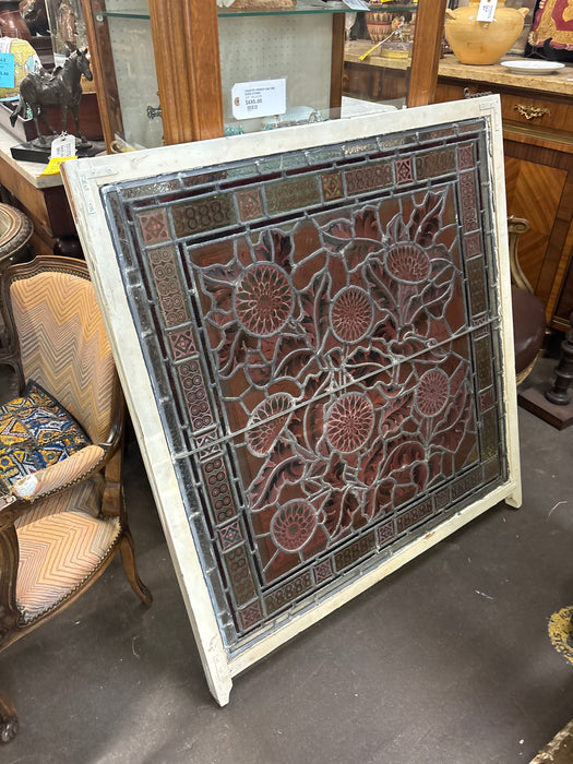 LARGE WHITE FRAMED ANTIQUE HAND PAINTED FLORAL STAINED GLASS WINDOW