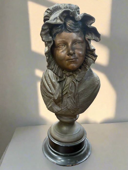 LARGE SPELTER LADY BUST WITH BONNET