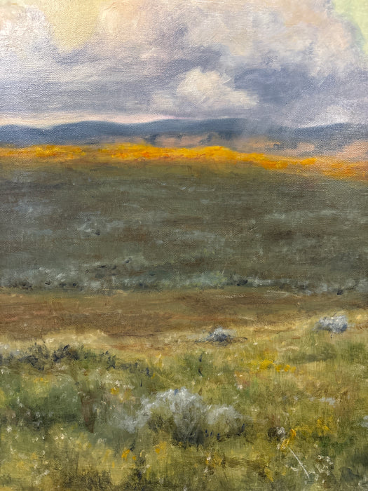 FLARED WOOD FRAMED LANDSCAPE “CLOUD BURST ON THE PLAINS” PAINTING - SIGNED