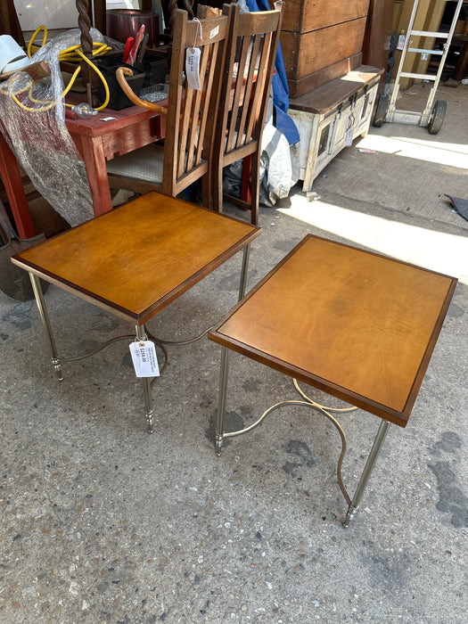 PAIR OF CHROME BASE MEDIUM WOOD SIDE TABLES