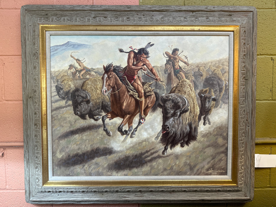 INDIAN HUNTING BUFFALO OIL PAINTING ON BOARD BY JOE GRANDEE 1929-2021