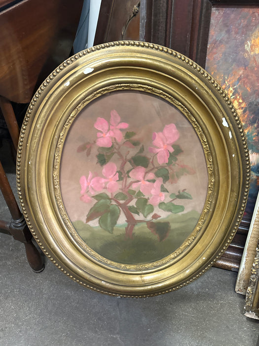 GOLD FRAMED OVAL PAINTING OF PINK FLOWERS