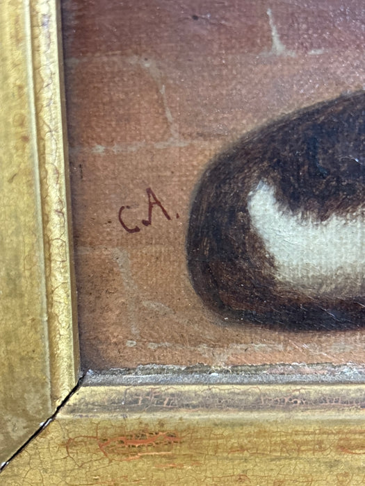 19TH CENTURY GILT FRAMED INTERIOR SCENE OF AVANCULAR MAN WITH CAT - SIGNED C.A