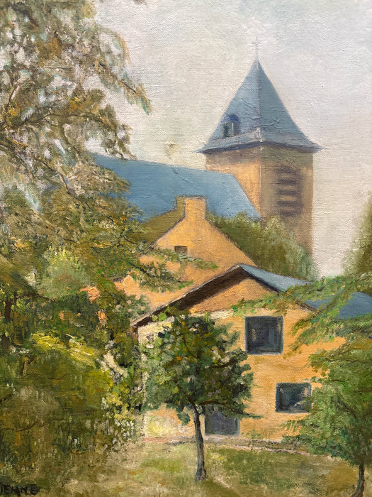 THICK GOLD FRAMED CHURCH OIL PAINTING - SIGNED L. ETIENNE