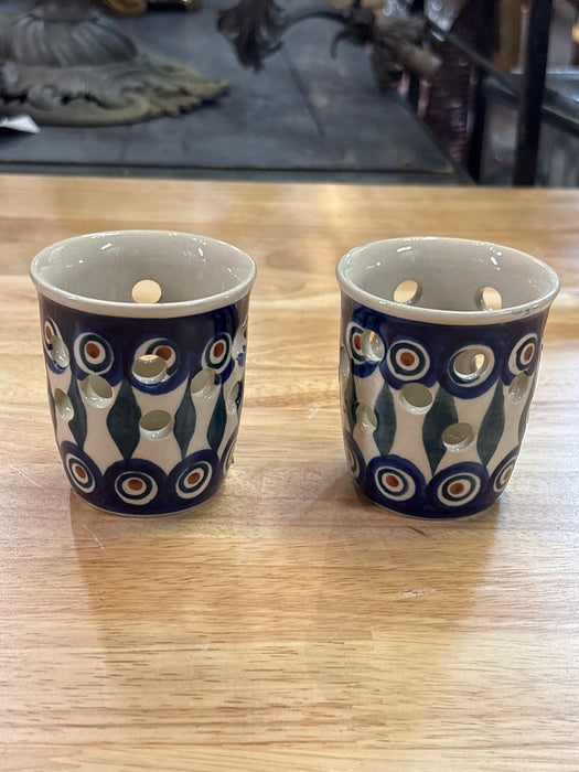 PAIR OF VOTIVE CANDLE HOLDERS BLUE AND WHITE WITH GREEN LEAVES BOLESLAWIC