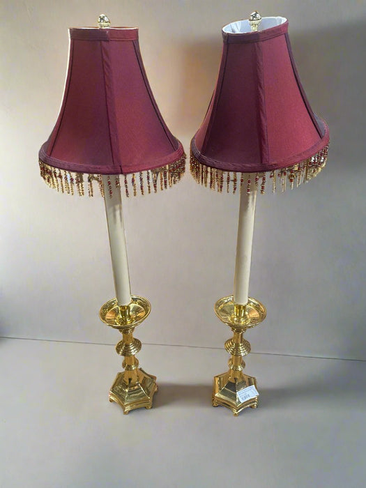 PAIR OF BRASS PILLAR LAMPS WITH BEADED SHADES