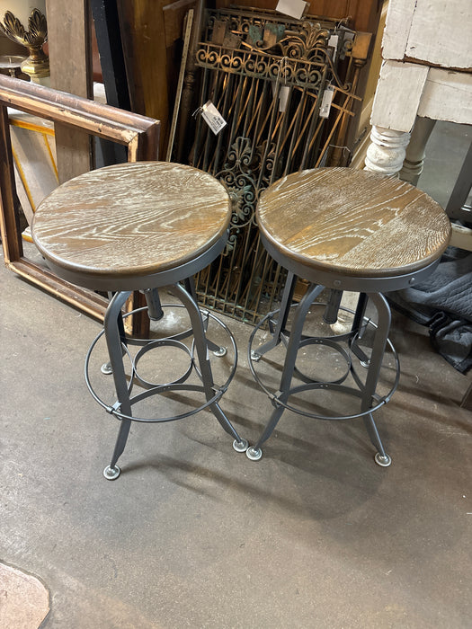 PAIR OF SWIVEL STOOLS WITH WOOD TOPS - NOT OLD