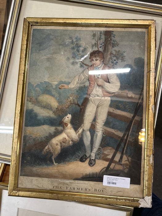 COLORFUL ENGLISH ETCHING OF BOY AND DOG