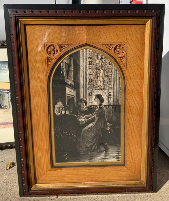 UNIQUELY FRAMED ETCHING  "HARMONY" BY SIR FRANCK DICKSEE WITH CARVED OAK FILET