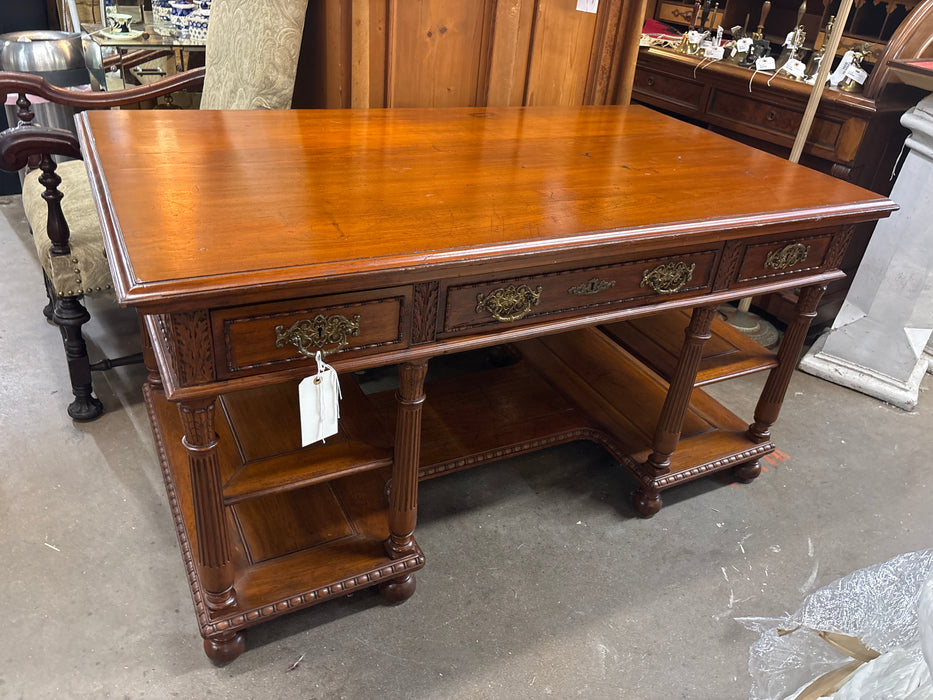 LATE 19TH CENTURY CHERRY EDWARDIAN 3 DRAWER OPEN SHELVES DESK