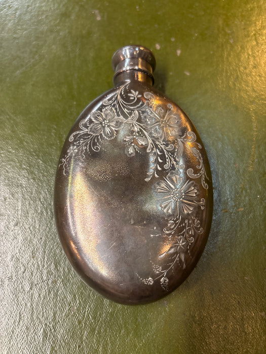 ANTIQUE SILVER FLORAL WHISKEY FLASK