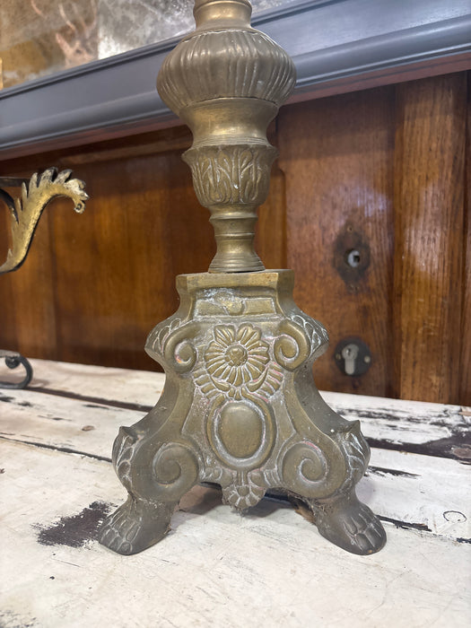 TALL DARK BRASS PRICKET WITH FLOWER - AS FOUND