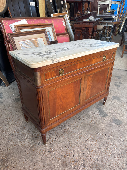 LOUIS XVI WHITE MARBLE TOP MAHOGANY SERVER WITH 2 DOORS AND DRAWER