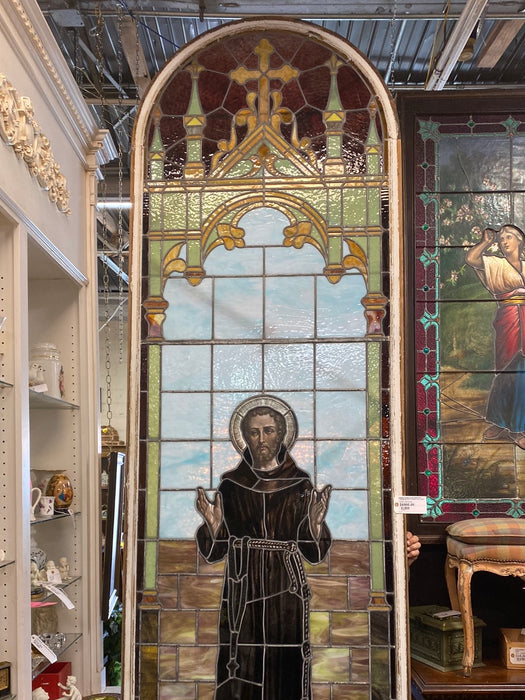 HUGE STAINED GLASS WINDOW OF SAINT FRANCIS OF ASSISI WITH STIGMATA AND WEARING A HABIT