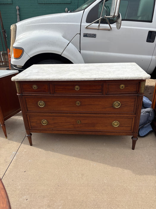 LARGE LOUIS XVI MARBLE TOP 5 DRAWER MAHOGANY CHEST WITH EMBOSSED BRASS PULLS