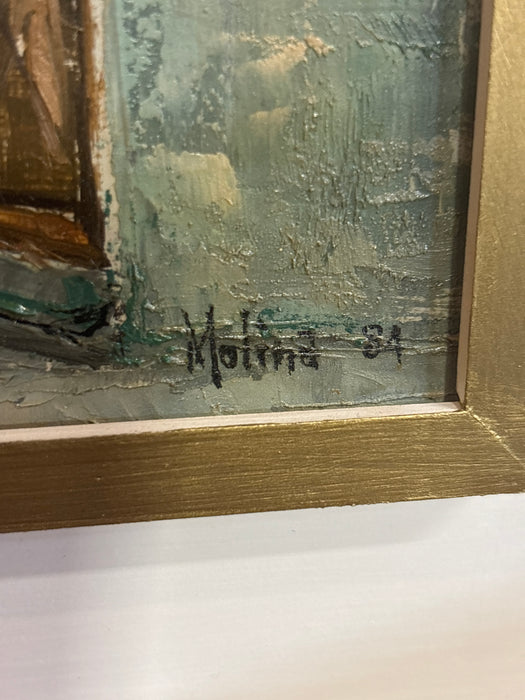 SMALL STREET SCENE OIL PAINTING WITH DOME - SIGNED MOLINA ‘84