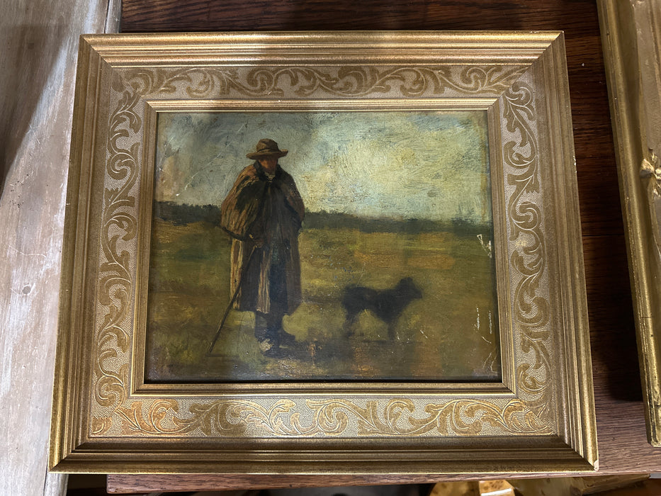 FRAMED FRENCH OIL PAINTING OF A MAN AND DOG