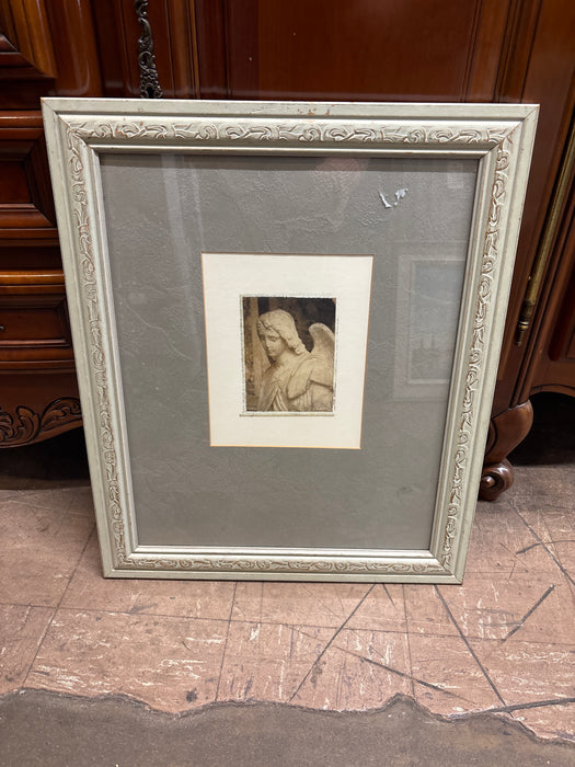 MEDIUM CARVED WHITE WASHED  FRAMED PRINT OF ANGEL STATUE