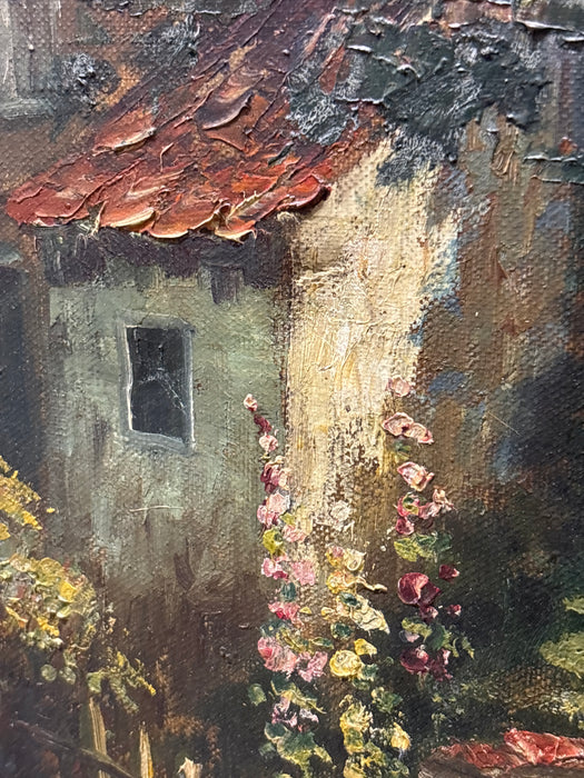 LARGE FRAMED OIL PAINTING OF A CANAL SCENE