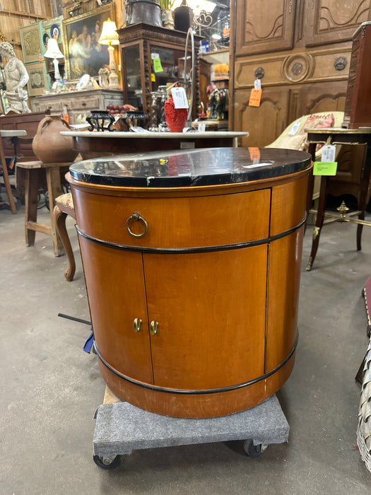 ROUND MIDCENTURY MARBLE TOP DRUM TABLE