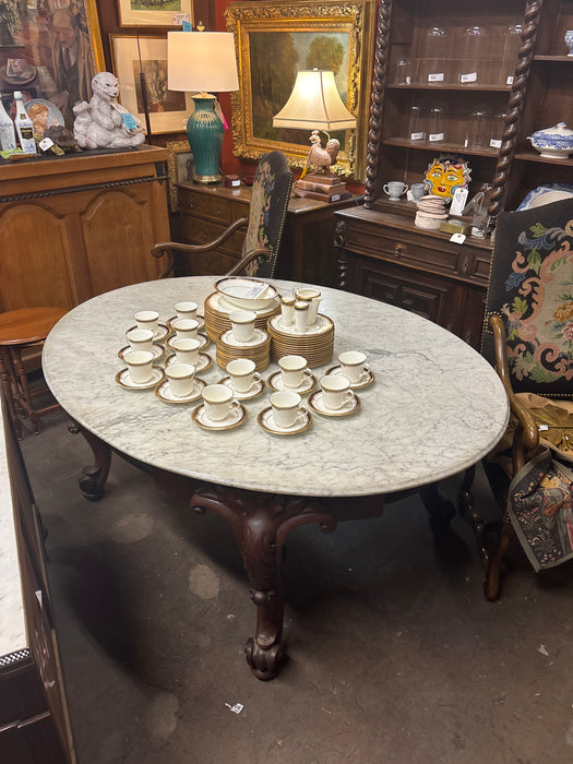 LARGE WHITE MARBLE TOP OVAL DINING TABLE