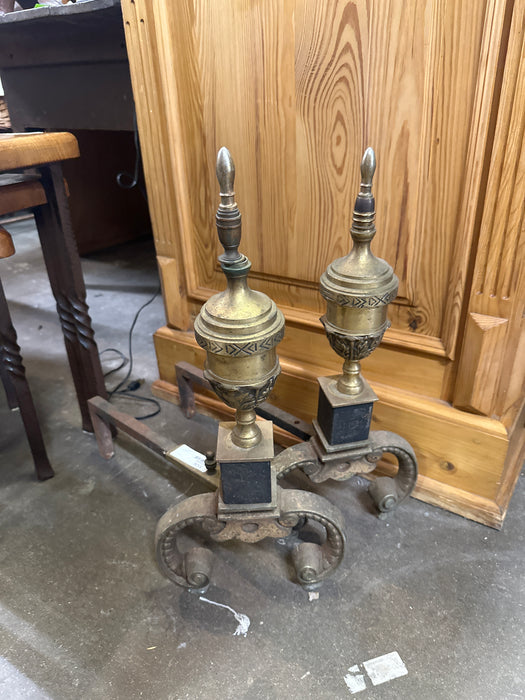 PAIR OF ADIRONS WITH BRASS FINIALS
